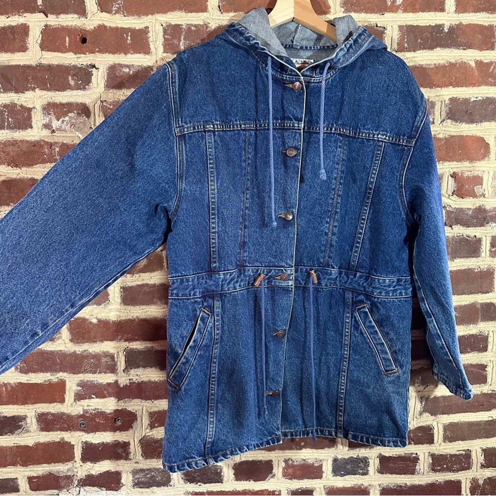Vintage Jordache Denim Jacket Cinch waist L Hood 80’s 90’s Toggle - Picture 4 of 7